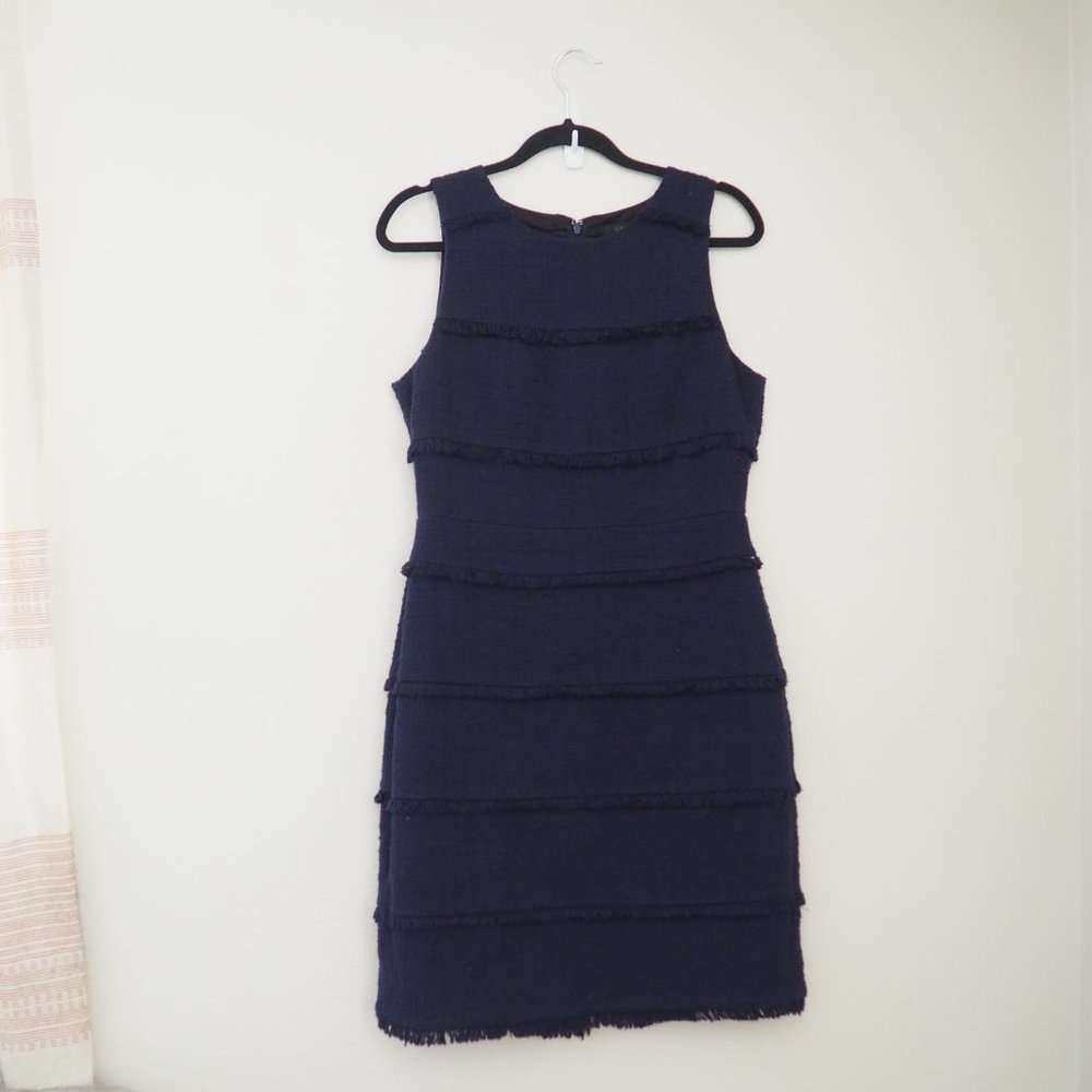 J. Crew Navy Blue Fringy Tweed Sleeveless Sheath Dress sz 8 - Picture 4 of 8